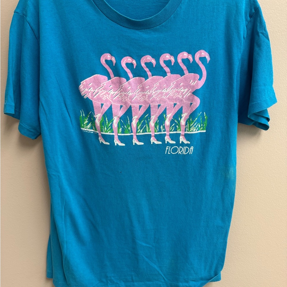 Vintage Teal Flamingo dancing FLORIDA  Graphic Women's Tee SMALL? thin